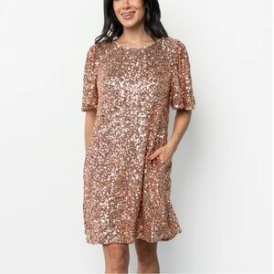 Sangria Rose Gold Fully Sequined Short Sleeves Dress Size 10